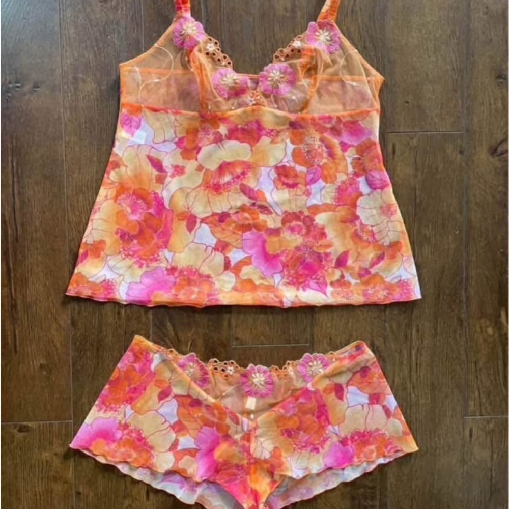 Vintage Retro Sheer Mesh Sleepwear Lingerie Tank and Cami Set. Medium